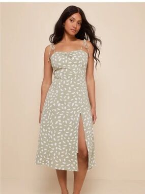 Lulus Midi Party in Paris Sage Green Print Tie-Strap Midi Dress Summer Small